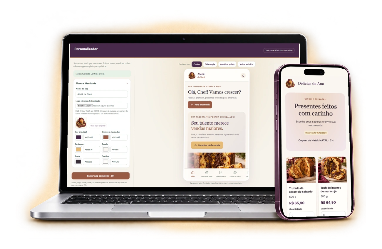 Personalizador do Panetone Business Studio no notebook e o aplicativo com outra marca no celular
