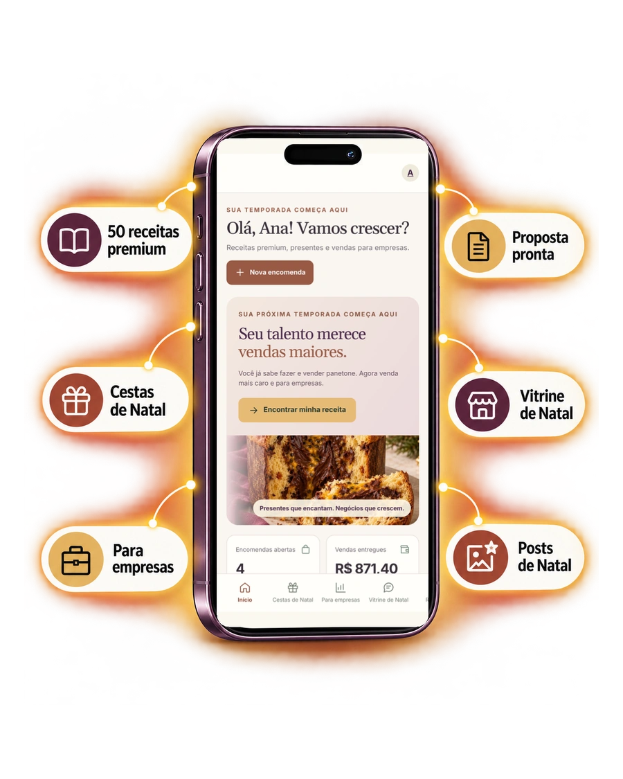 Aplicativo Panetone Business Studio no celular com 50 receitas premium, cestas de Natal, pedidos para empresas, proposta pronta, vitrine de Natal e posts de Natal