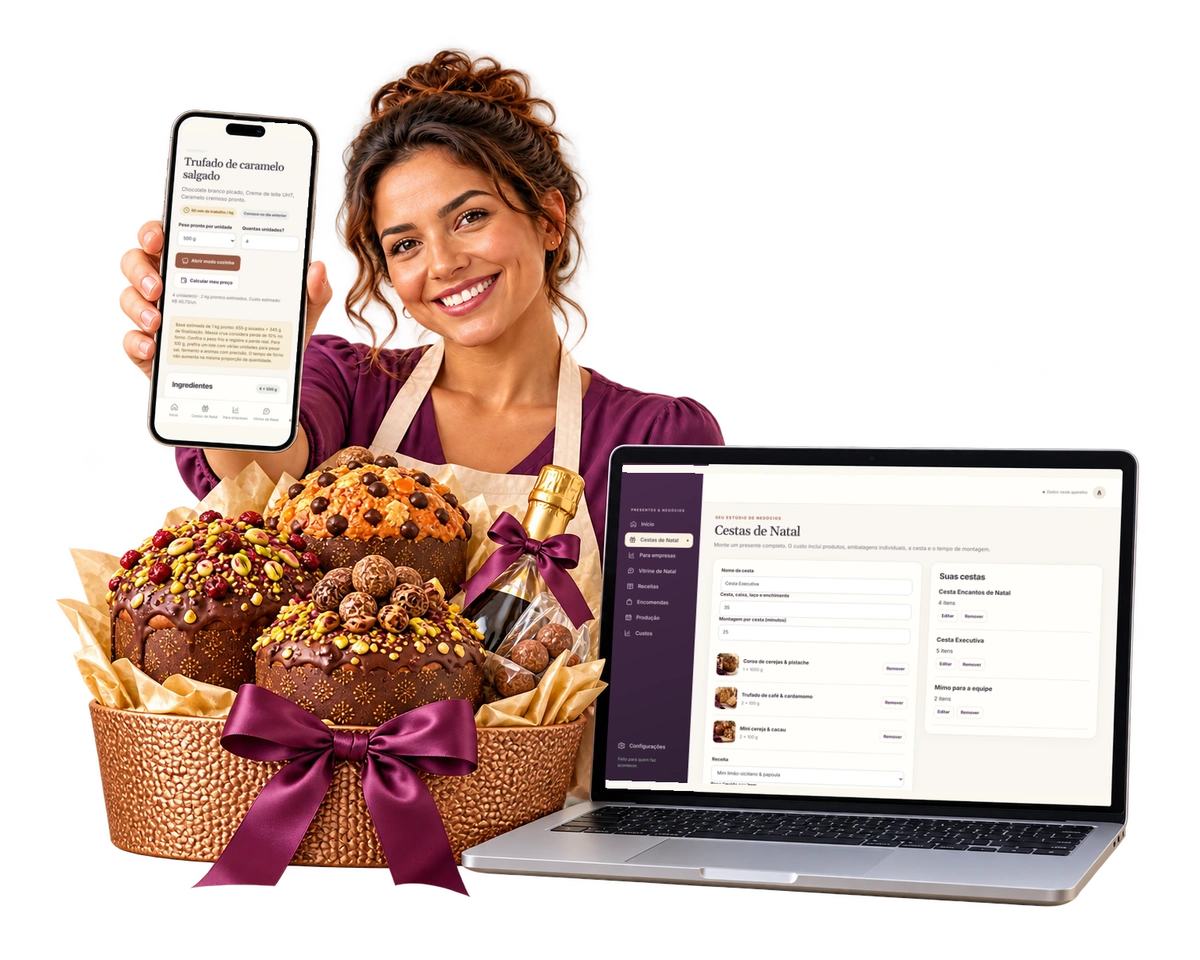 Produtora usando o Panetone Business Studio no celular e no notebook