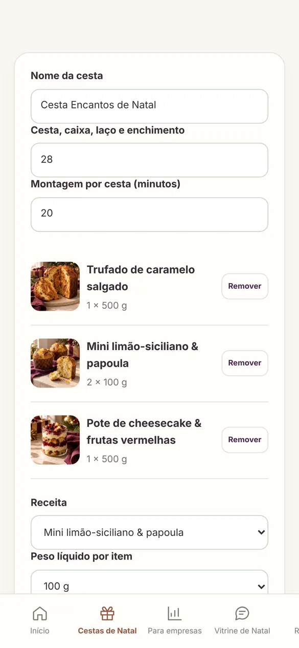Tela real: montador de cestas de Natal