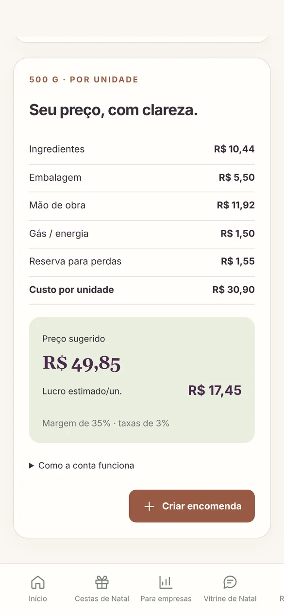 Tela real: custos e preço sugerido